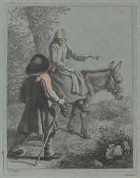 Bondekvinne sitter på et esel og en bondemann.