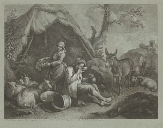 Sittende gammel mann og kvinne med en kurv med egg