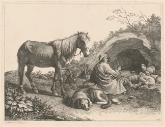 Sittende gjeter med hest, hund, geiter og sauer, etter 1776.
