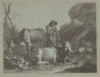 Hyrde hviler på en spaserstokk med en gammel hest og en liggende okse, etter 1767.