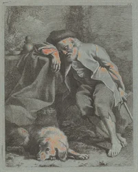 Sovende gammel mann med hund, 1759.