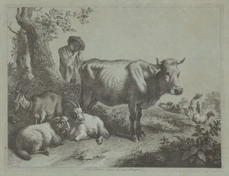 Stående ku og en gjetergutt med flokk, 1760-tallet.