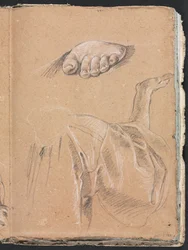 Verona Sketchbook: Studie av en venstre fot og draperistudie med høyre arm (side 79)