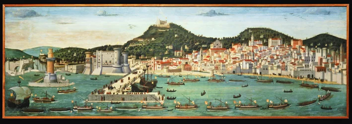 Tavola Strozzi som skildrer Napoli-havnen og den aragonesiske flåtens tilbakekomst fra slaget ved Ischia