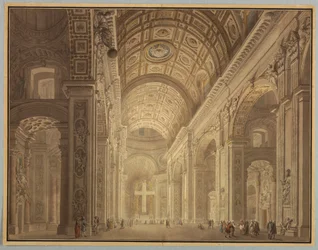 Tegning, interiøret i St. Peters opplyste kirke, før 1787