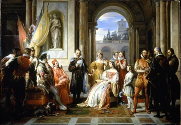 Torquato Tasso (Le Muche) leser sin Jerusalem-delivere (Det frigjorte Jerusalem) ved hoffet til Ferrara. Maleri av Francesco Podesti (1800-1895)
