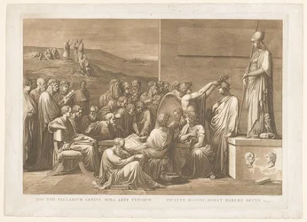 Allegorische verheerlijking av boktrykker Giovanni Battista Bodoni Dette palladiumgeniet, typens fantastiske kunst / den berømte Bodoni, gir deg æren å ha (tittel på objekt)