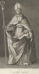 Den hellige Andrea Corsini kledde seg som biskop av Fiesole, holdt et korsbord og så ..., ca. 1780-1841.