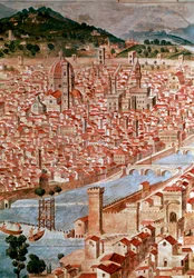 Pianta della Catena, detalj av et kart over byen Firenze kalt «Catena» på grunn av kartets ramme i form av en kjede. Utført av Francesco di Lorenzo Rosselli (1448-1513) i 1490. Firenze, Museo Firenze com
