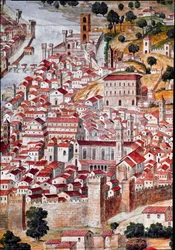 Pianta della Catena: Detalj av et kart over Firenze kalt «Catena» på grunn av kartets kjedeformede ramme. Utført av Francesco di Lorenzo Rosselli (1448-1513) i 1490. Firenze, Museo Firenze com