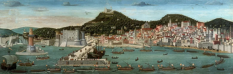 Tavola Strozzi. Utsikt over Napoli, den aragonske flåten seiler inn i havnen 12. juli 1465