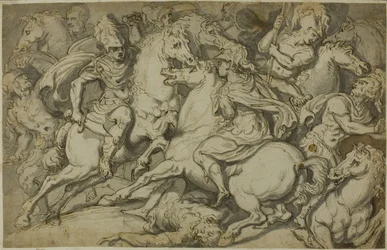 Kavaleritrefning (recto); Knelende ekorché (verso)