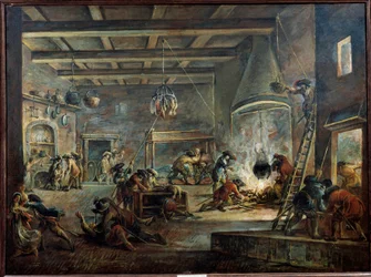 Plyndre en gård. Maleri av Francesco Simonini (1686-1753) realisert etter Jacques Callot
