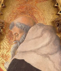 Profil av Dalbono Edward detalj av Altarpiece of Lazara, av Francesco Squarcione (1397-1468), tempera på panel