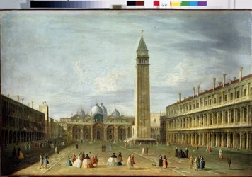 Markusplassen (San Marco) (eller Piazzetta) i Venezia med Markuskirken og Campanile. (Markusplassen i Venezia). Maleri av Francesco Tironi (1745-1797). Olje på lerret, 72 x 109 cm. Venetiansk kunst fra 1700-tallet. Statens Museum Ark