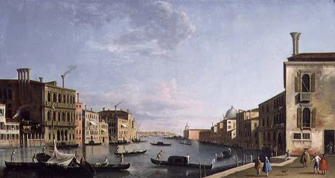 Venezia: Canal Grande ser fra Campo San Vio mot Bacino (olje på lerret)