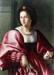 Portrett av en dame, sittende i trekvart lengde, holder en hanske,