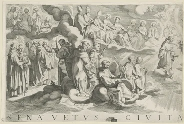 Kart over Siena (øverst til venstre) Senavetus civitas virginis (tittel på objekt)