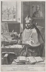 Kardinal Roberto Bellarmino ved skrivebordet hans, skriver, 1604.