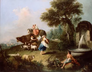Landskap med fontene, figurer og dyr