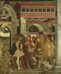 April-allegori: Jaktkonkurranser, Borso d#39;Este og narren Scocola (April måned: Jaktkonkurranser, Borso d#39;Este og narren Scocola), av Francesco del Cossa