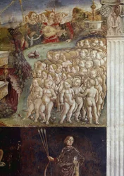 Allegori om mai måned, detalj om triumf av Apollo, nakne barn og ni muser detaljer freske av Francesco del Cossa (ca.1436-rundt 1478) Ferrara (Ferrara) Palazzo Schifanoia, Salone dei Mesi