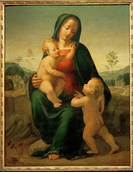 Madonna og barn med døperen Johannes (maleri på tre)
