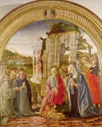 Tilbedelse av barnet av St. Ambrose og St. Bernard (olje på panel)