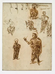 Skisser av figurer; helgener; en engel; en arm; ben …