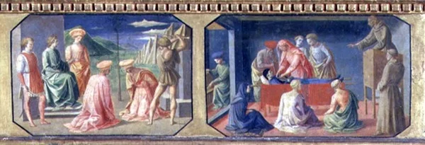 (LtoR) Martyrdøden til SS. Cosmas og Damian, St. Anthony av Padua finner gnierhjertet; to paneler av predellaen til Madonna and Child Enthroned av Filippo Lippi (ca. 1406-69) (tempera på panna