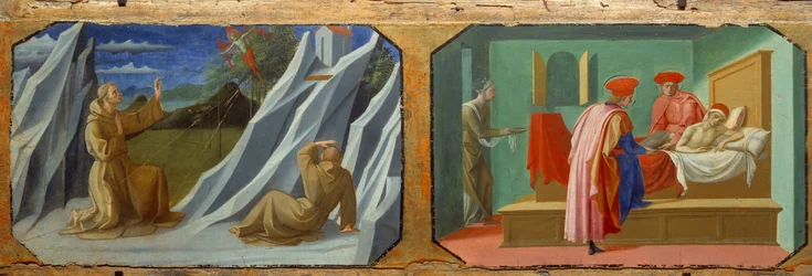 Saint Francois av Assisi mottar stigmas, Saint Cosimo (Kom eller Cosimo) og Saint Damien som tar seg av en syk Malerier på tre av Francesco di Stefano dit Pesellino (ca. 1422-1457) 1400-tallet Søn. 0,32x0,94 m