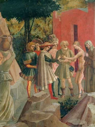 Saluzzo kommer for å hente sin fremtidige brud fra foreldrene hennes (tempera på tre)