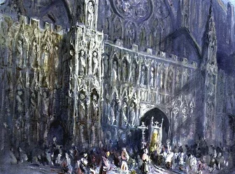 Vestfronten til Exeter Cathedral, med en religiøs prosesjon i forgrunnen