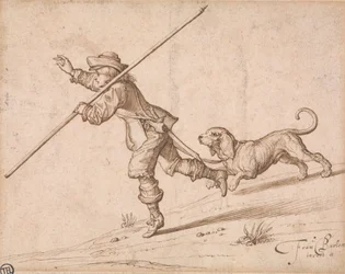 Mann på jakt med en spiss stav og en hund