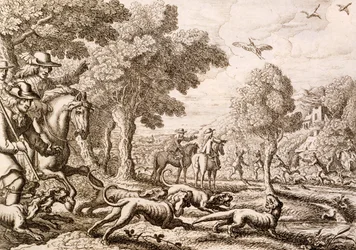 Oterjakt ved en elv, gravert av Wenceslaus Hollar, 1671