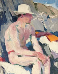 Bader i hvit lue (olje på panel)