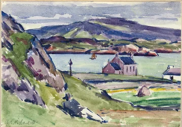 Figure og Kirk, Iona (blyant og w/c på papir)