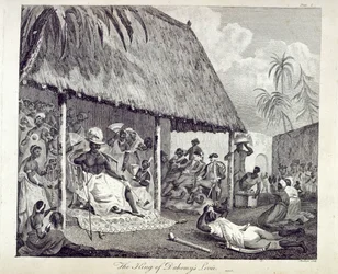 The King of Dahomy 's Levee, plate I fra 'The History of Dahomy, an inland Kingdom of Africa...', av Archibald Dalzel