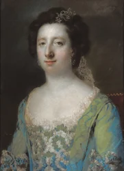 Portrett av The Hon. Fru Bridget Gunning, halvlang, i en blå rynket kjole, 1758
