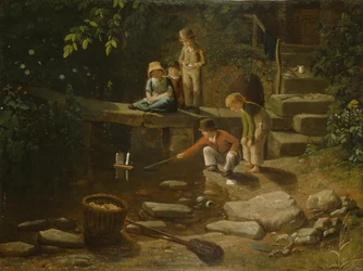 Gutt som seiler en liten båt (olje på panel)