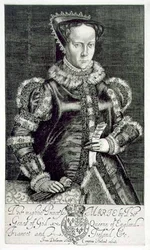 Portrett av Mary I (1516-58) Holder bønnen til Thomas Hongar, gravert av kunstneren, pub. av Compton Holland (gravering)
