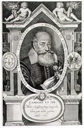 Portrett av Matthias de Lobel (1538-1622) gravert av kunstneren