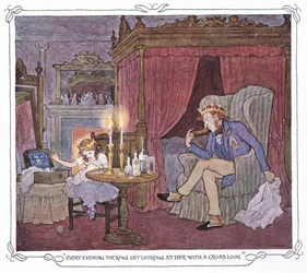 Hver kveld satt kongen og så på henne med et surt blikk. Fra The Magic Fishbone, publ. av Warne amp; Co, ca. 1940 (fargelitografi).