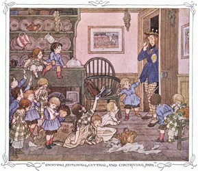 quot;Snipping, sying, klipping og pønsking, pappaquot;, fra The Magic Fishbone utgivelsesbok av Warne amp; Co, ca. 1940 (fargelitografi)