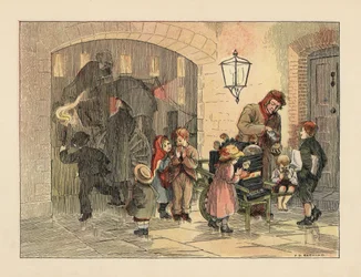 Viktorianske barn som spiser varme poteter fra potetmannen. I bakgrunnen går folk med paraplyer ombord i en vogn i regnet. Kromolitografi etter en illustrasjon av Francis Donkin Bedford fra Edward Verrall Lucas#39; The Book of Shops.