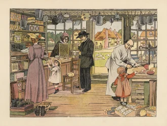 Viktorianske kunder som kjøper skinke, bøker og postanvisninger i landsbybutikken. Kromolitografi etter en illustrasjon av Francis Donkin Bedford fra Edward Verrall Lucas#39; The Book of Shops.
