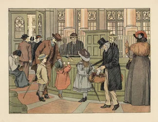Viktoriansk familie i en bank som tar ut penger fra en kasserer med bankslipper. Kromolitografi etter en illustrasjon av Francis Donkin Bedford fra Edward Verrall Lucas#39; The Book of Shops.
