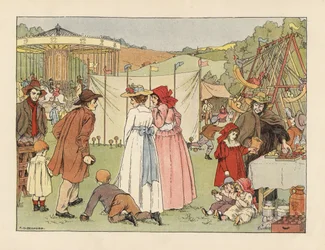 Viktorianske ungdommer ved en kokosnøttsky, barn på husker og karusell på et landsbymarked. Kromolitografi etter en illustrasjon av Francis Donkin Bedford fra Edward Verrall Lucas#39; The Book of Shops.