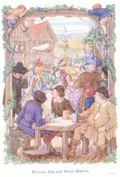 Pinseøl og Morris-dansere (fargelitografi)
