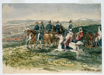 Vaktene og høylanderne mottatt av Omar Pasha og marskalk St Arnaud kommandert av hertugen av Cambridge ved Aladyn, 6. juli 1854